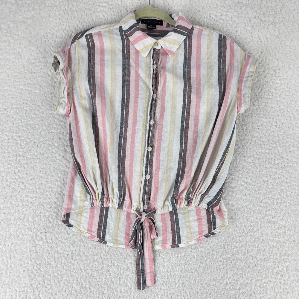 Sanctuary Pink Striped Linen Blend Button-Up Shirt Womens Short Sleeve‎ Size XS